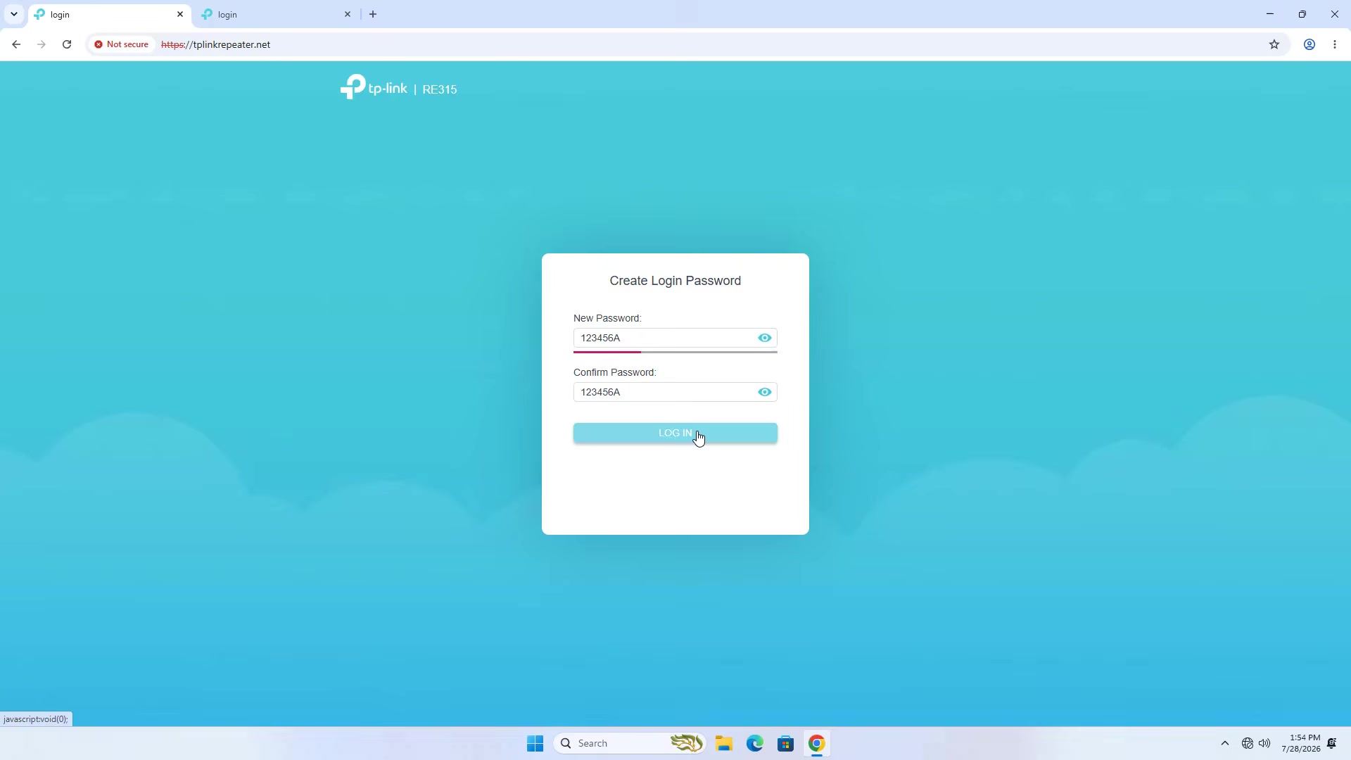 TP-Link RE315 setup page for creating the extender login password
