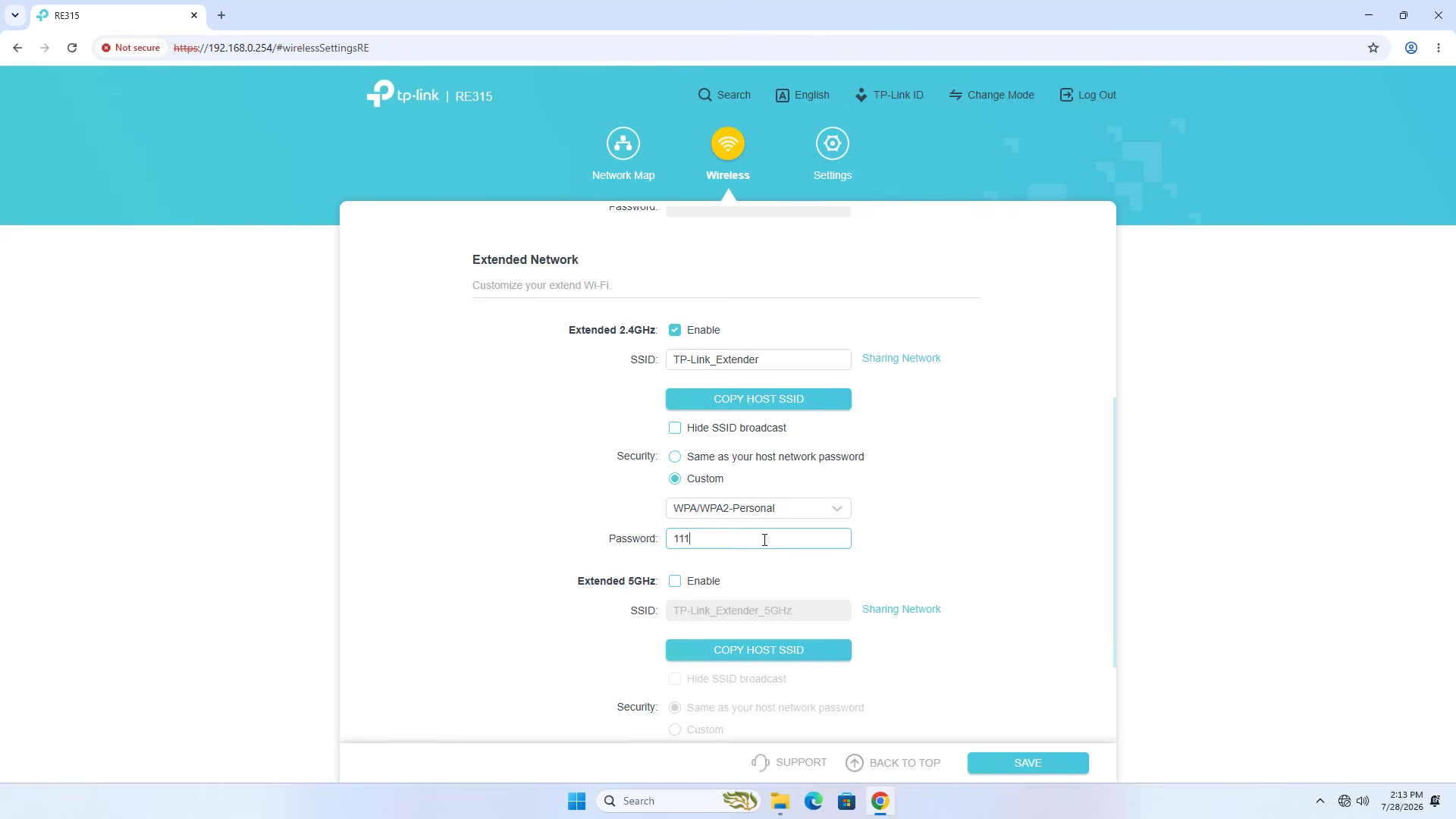 TP-Link RE315 web interface for configuring custom 2.4 GHz and 5 GHz extended networks