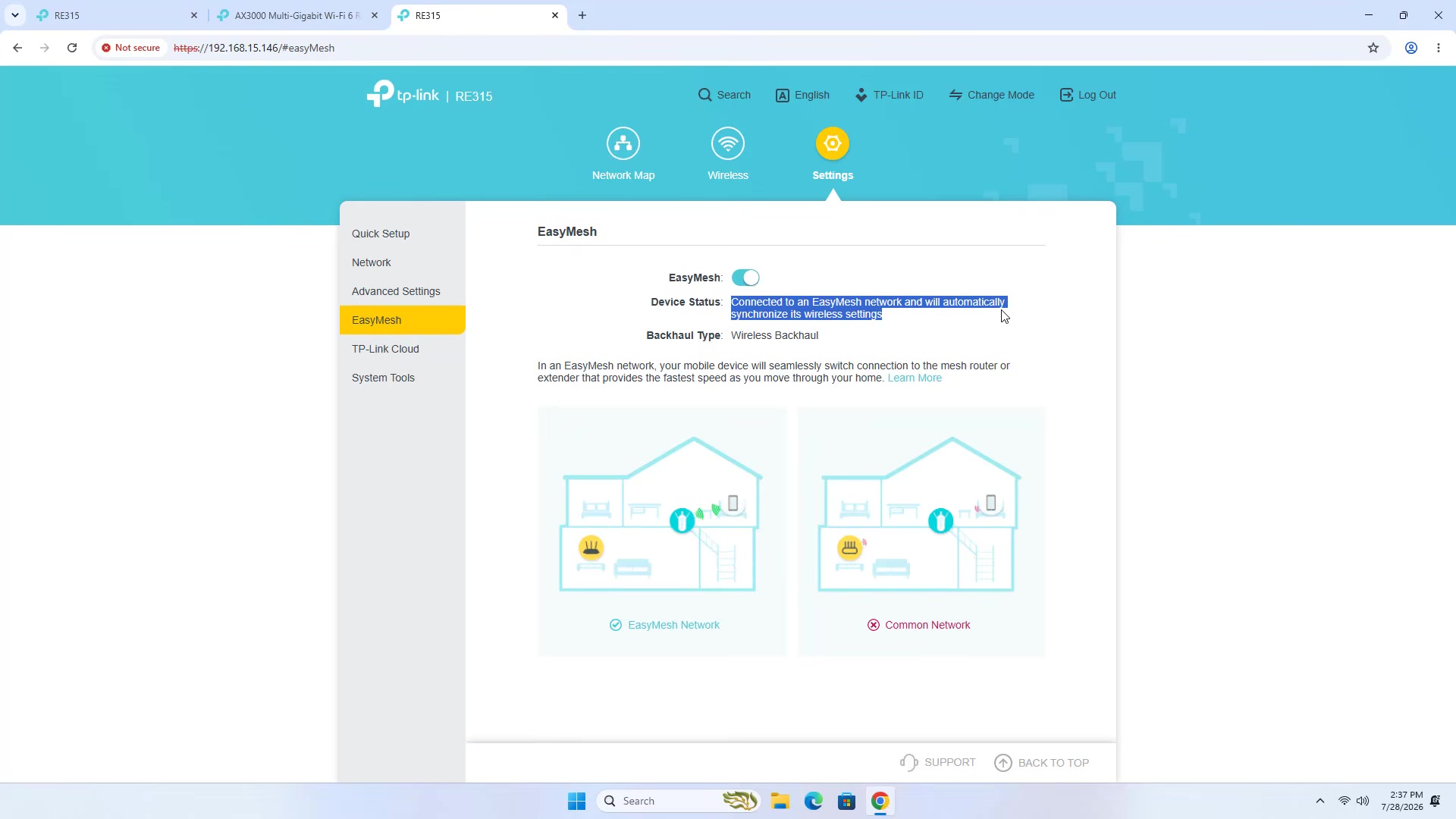 TP-Link RE315 EasyMesh settings showing a unified mesh network and standard extender network