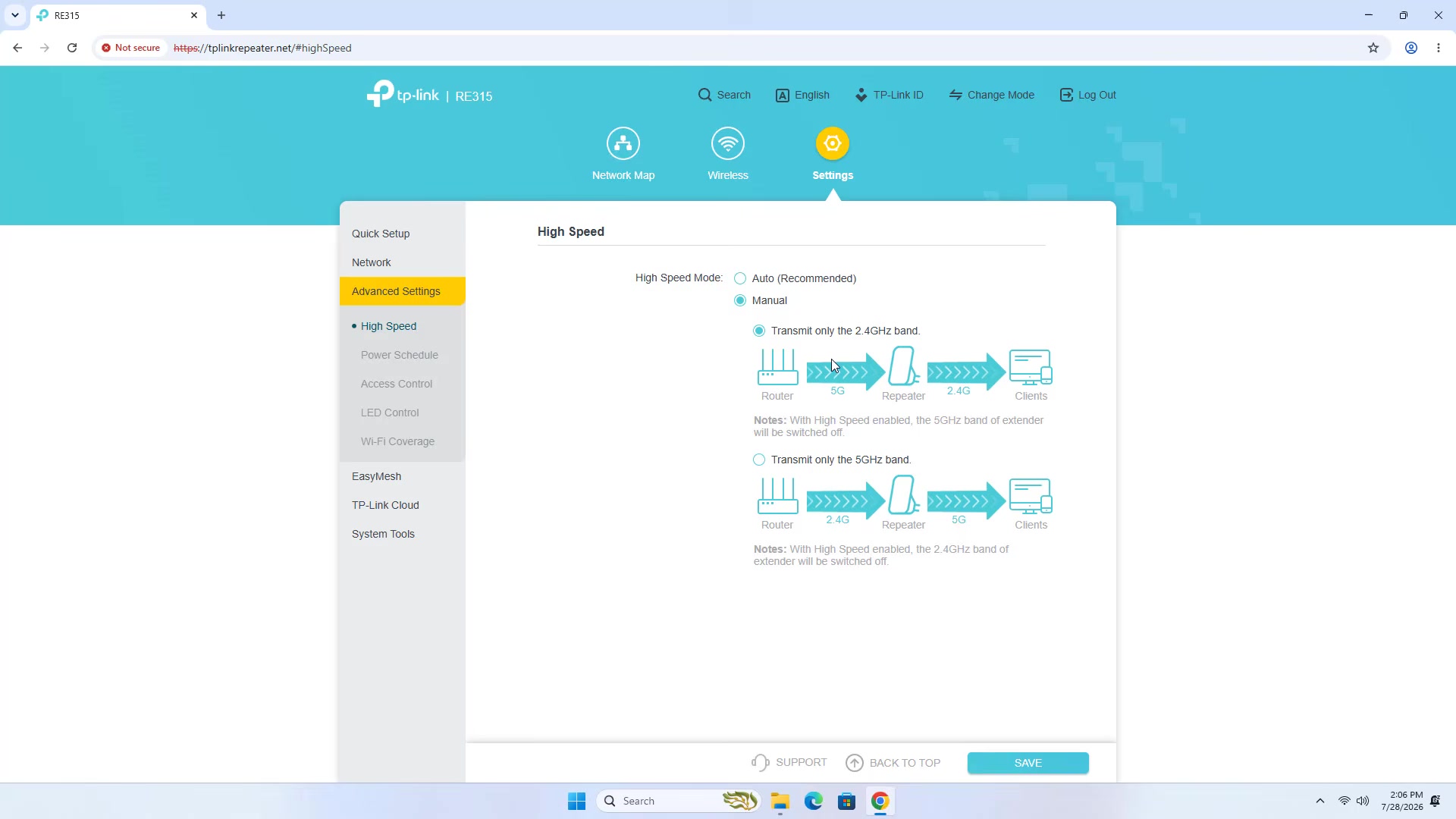 TP-Link RE315 High Speed mode settings with automatic and manual band choices