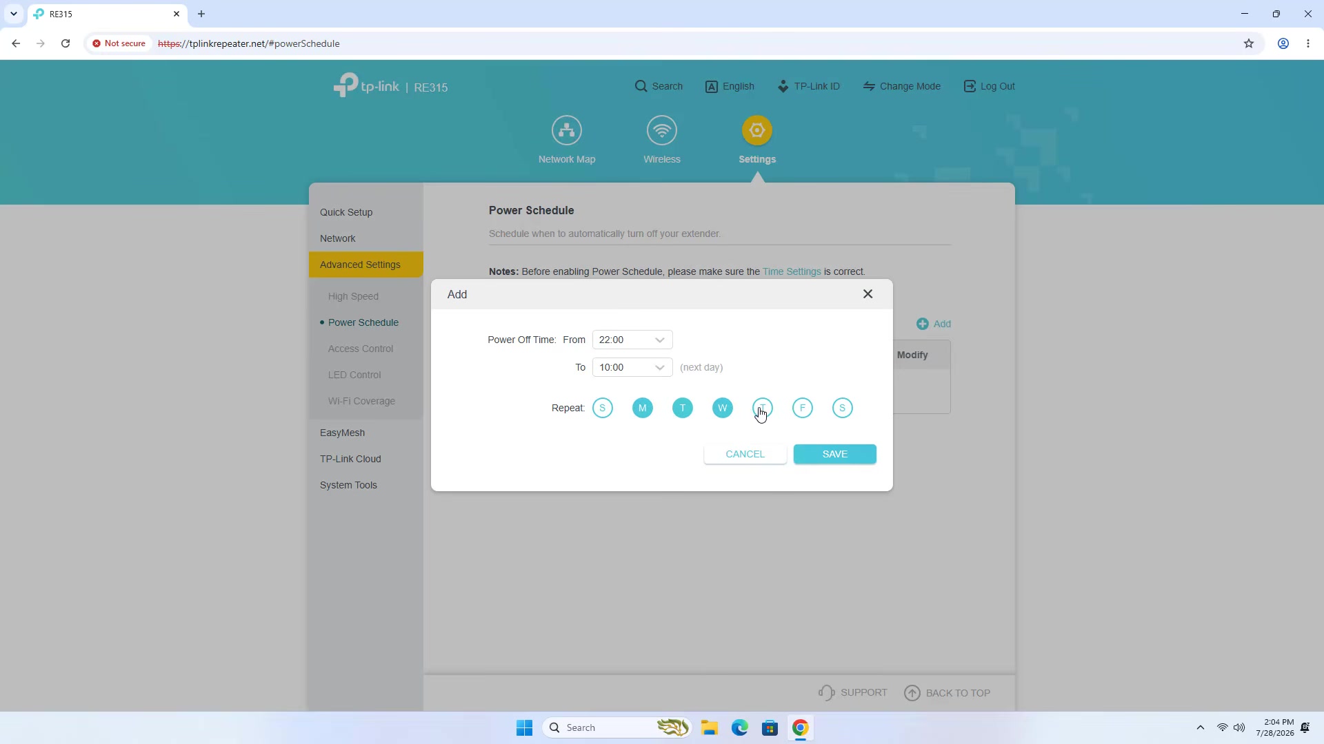 TP-Link RE315 Power Schedule dialog for setting off times and repeat days