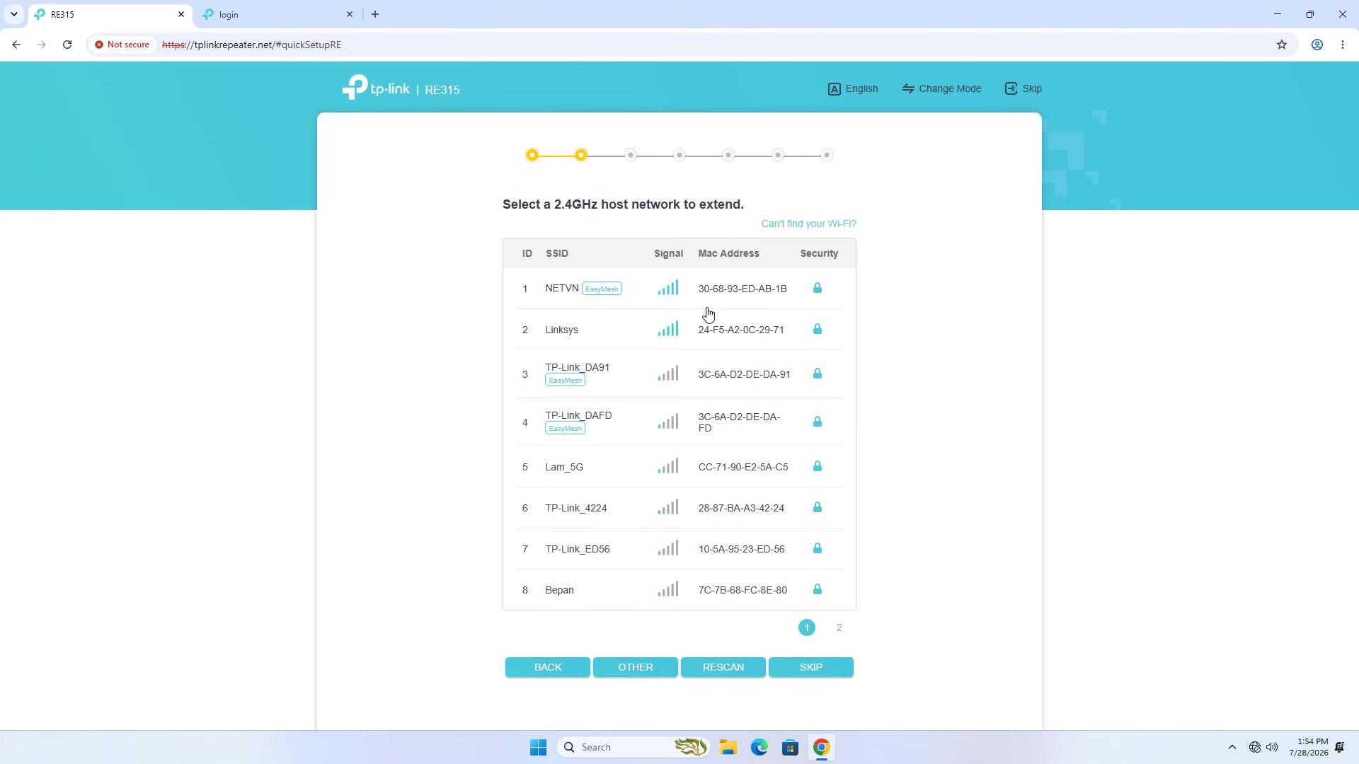 TP-Link RE315 quick setup screen listing 2.4 GHz Wi-Fi networks to extend