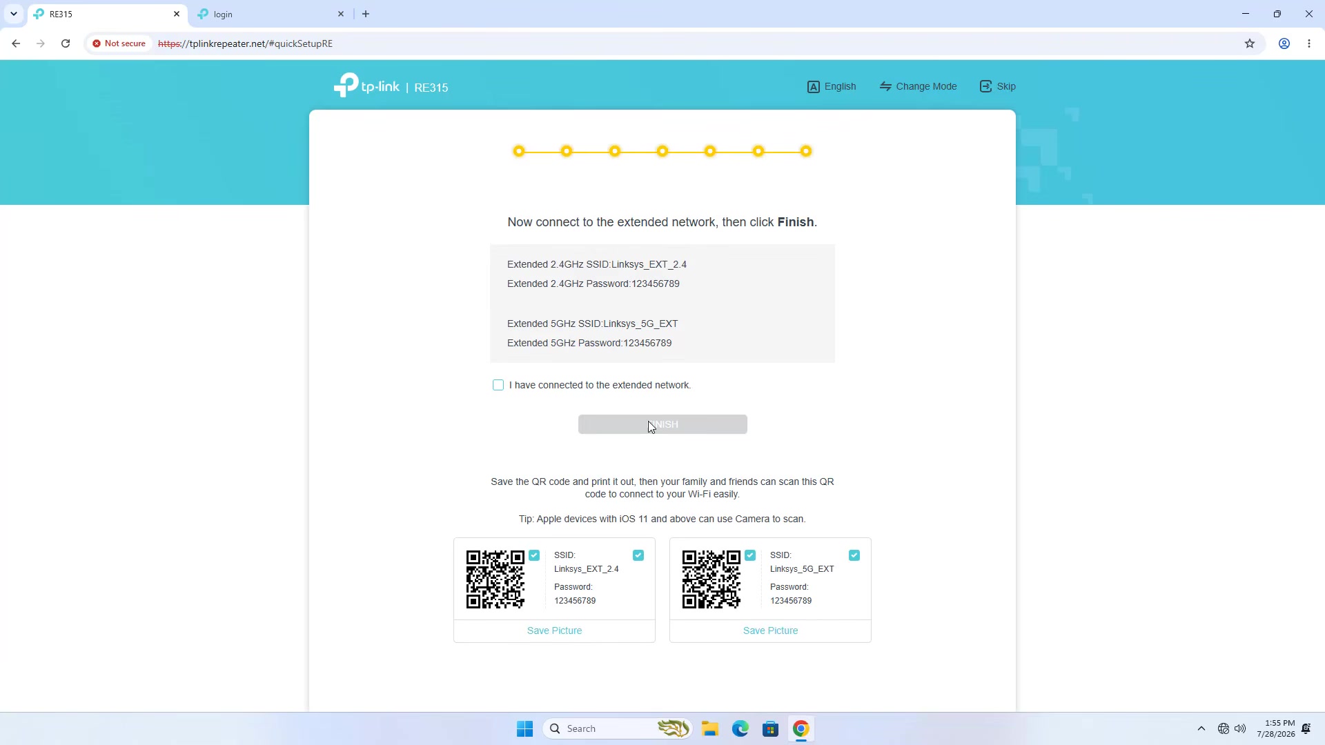TP-Link RE315 setup completion screen with relocation guidance and extended network names