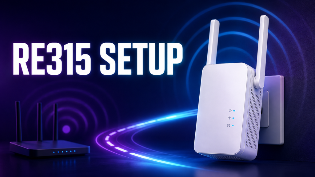 TP-Link RE315 Wi-Fi range extender setup with router and wireless signal graphics