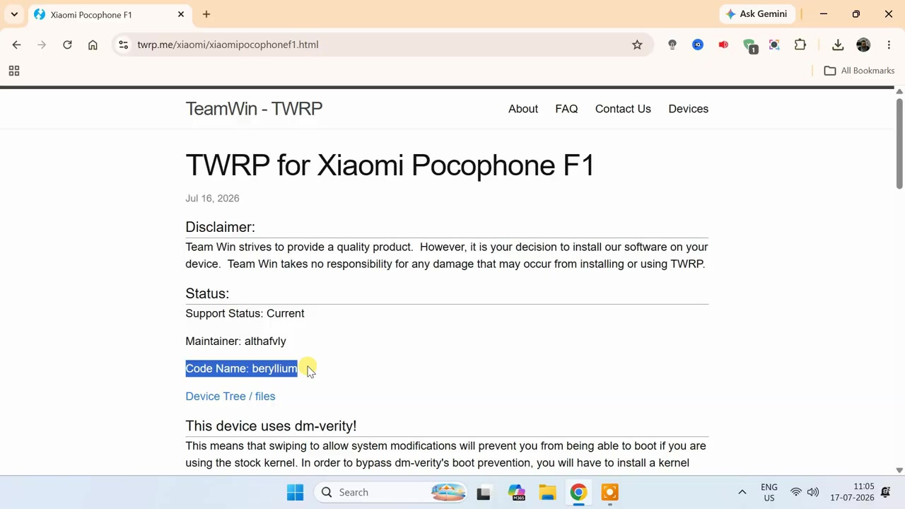 Official TWRP page for Xiaomi Pocophone F1 showing the beryllium codename