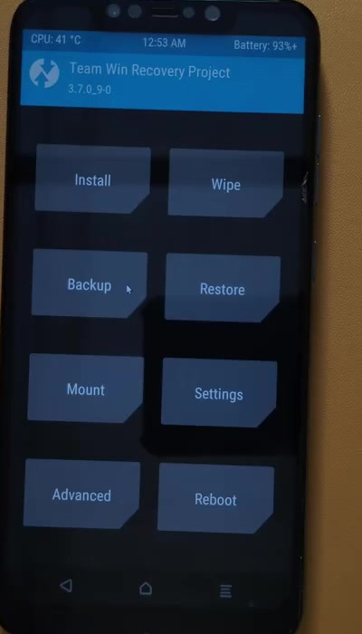 TWRP recovery home screen running on a Poco F1