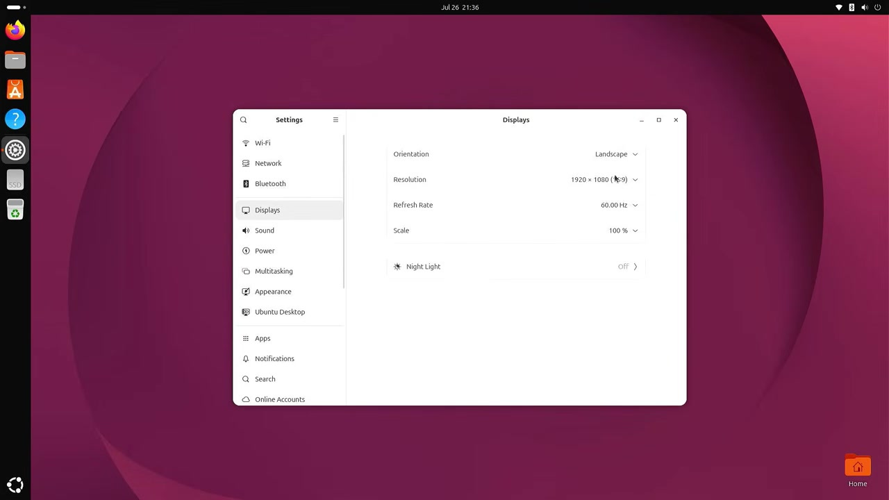 Ubuntu display settings showing resolution and refresh rate options