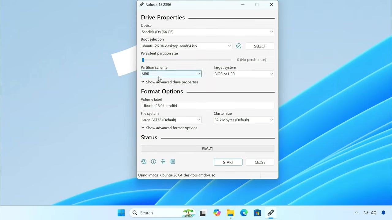 Rufus showing an Ubuntu ISO selected for a bootable USB drive