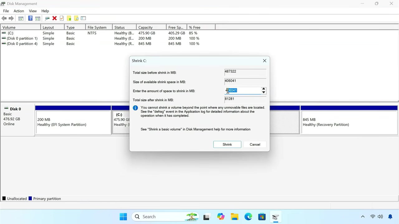 Windows Disk Management showing the Shrink C dialog for creating Ubuntu space