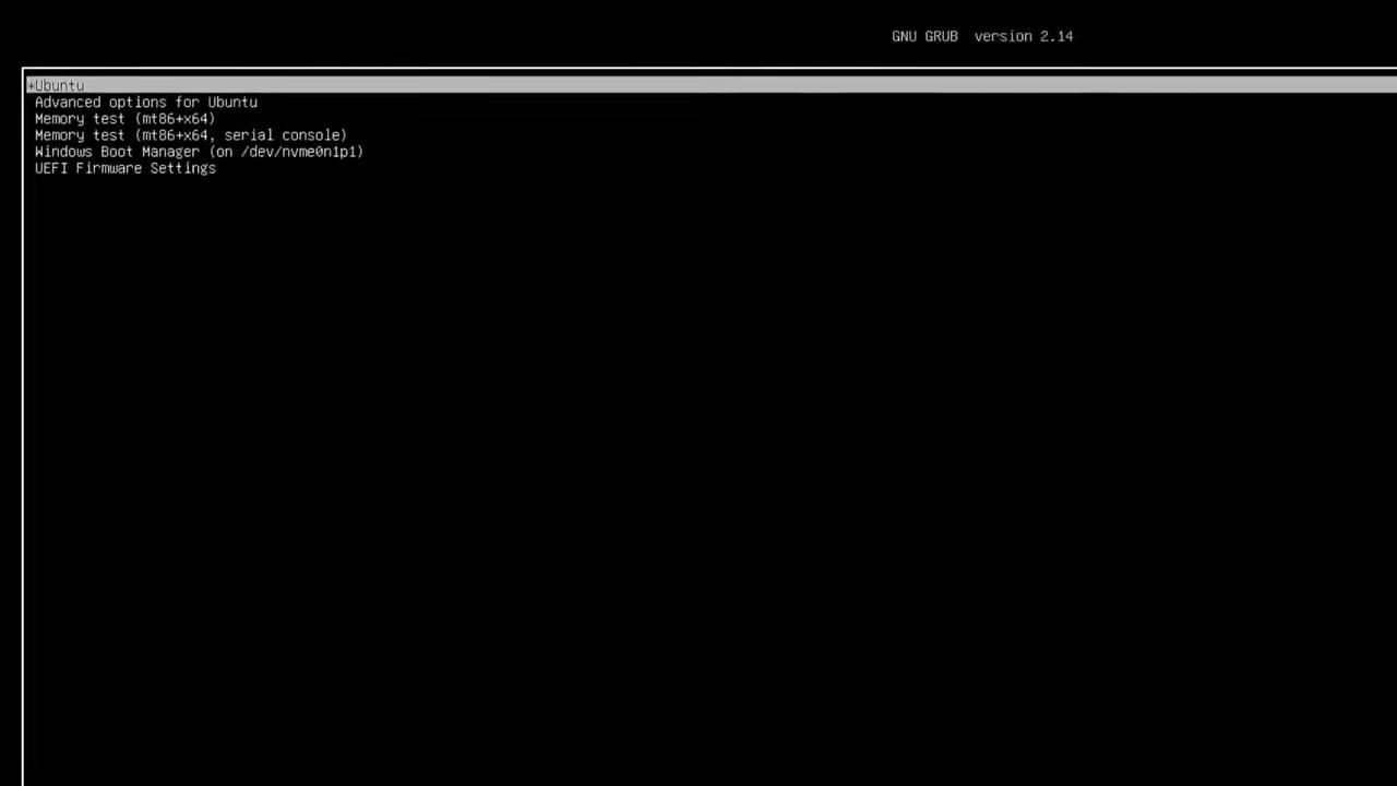 GRUB boot menu listing Ubuntu and Windows Boot Manager