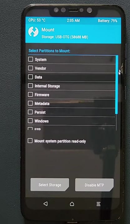 Modified TWRP Mount screen with all phone partitions unchecked