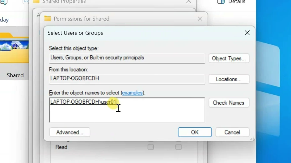 Select Users or Groups dialog with the local account LPTOP-OGOBFCDH\user01 resolved in the object-name field.
