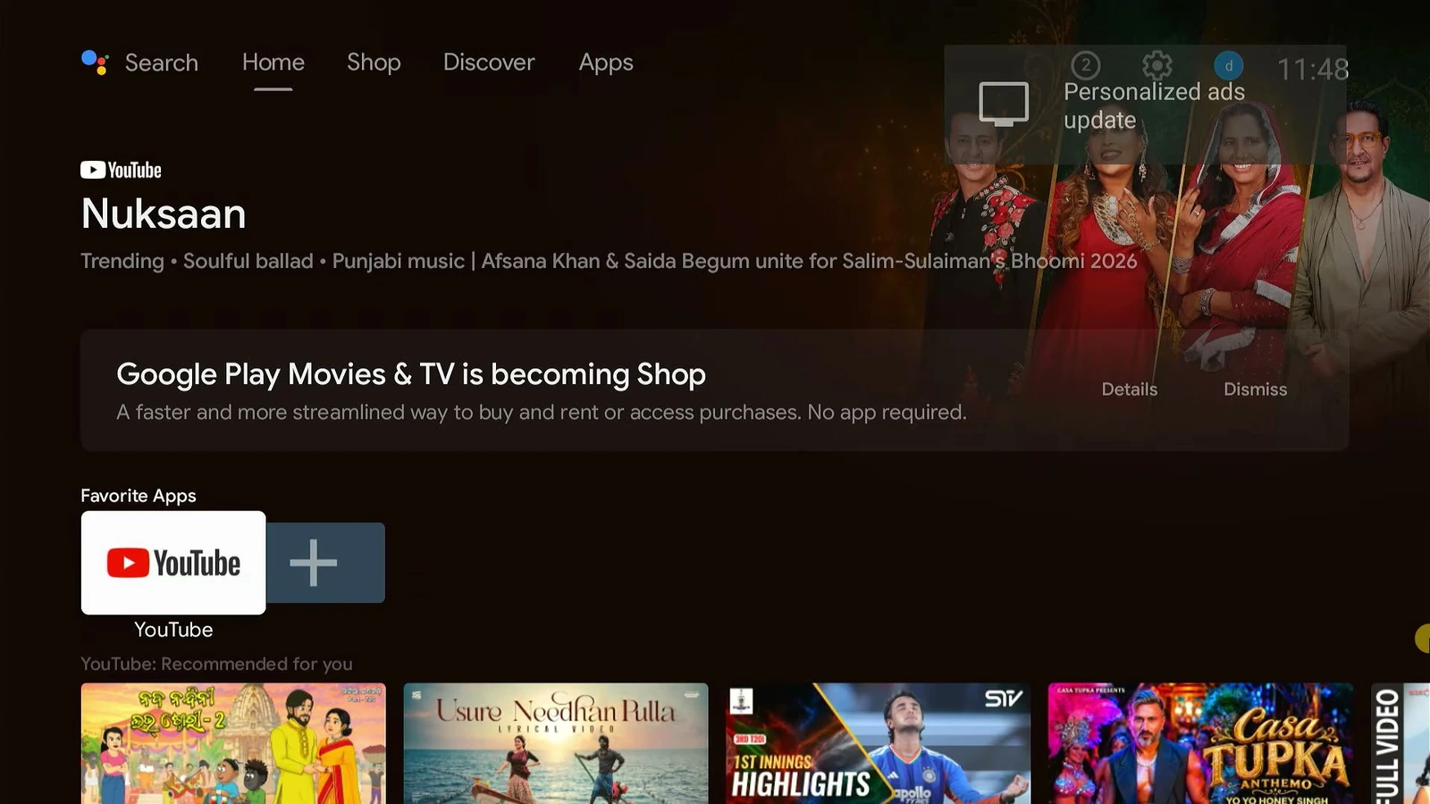 Android TV 14 home screen on a PC with YouTube in Favorite Apps