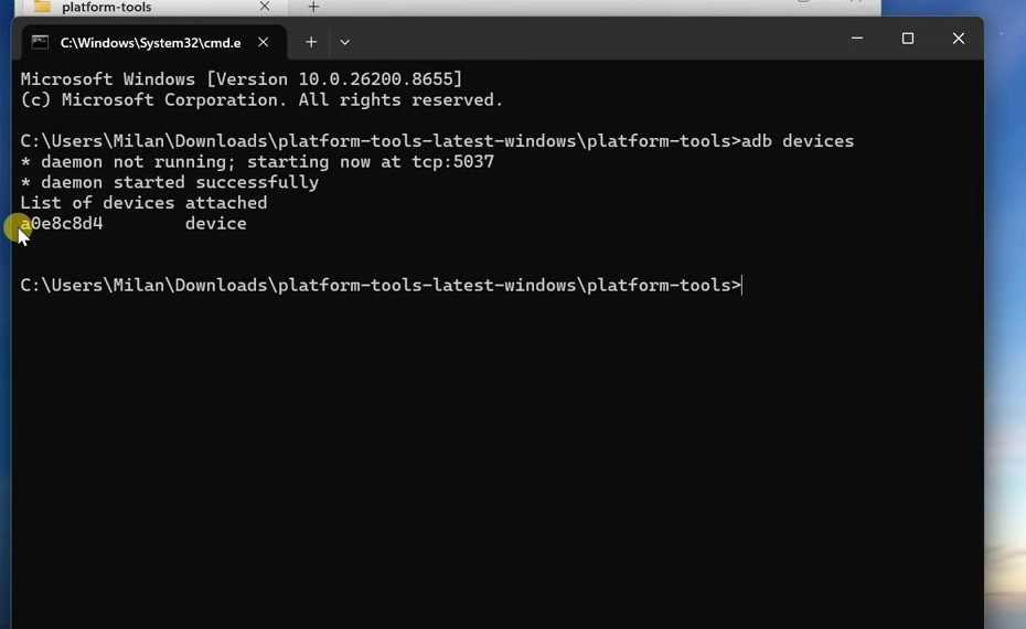 Command Prompt showing a Xiaomi phone detected by the adb devices command