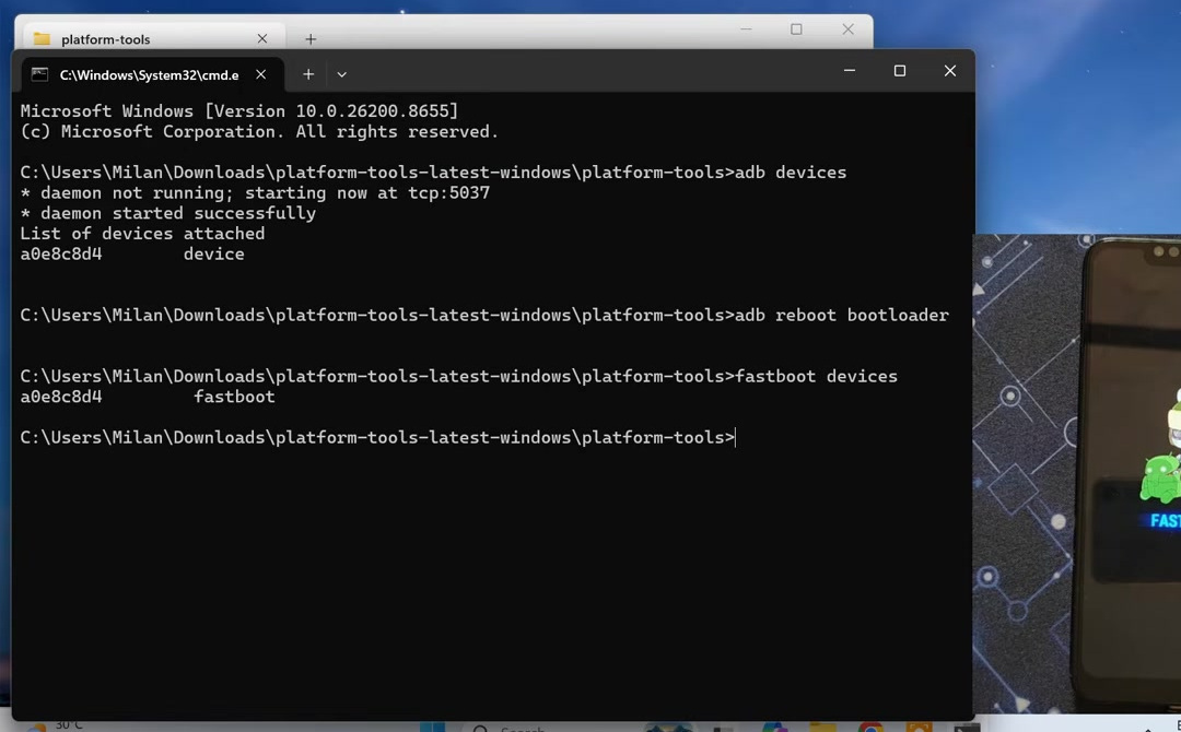 Command Prompt showing a Xiaomi phone detected by the fastboot devices command