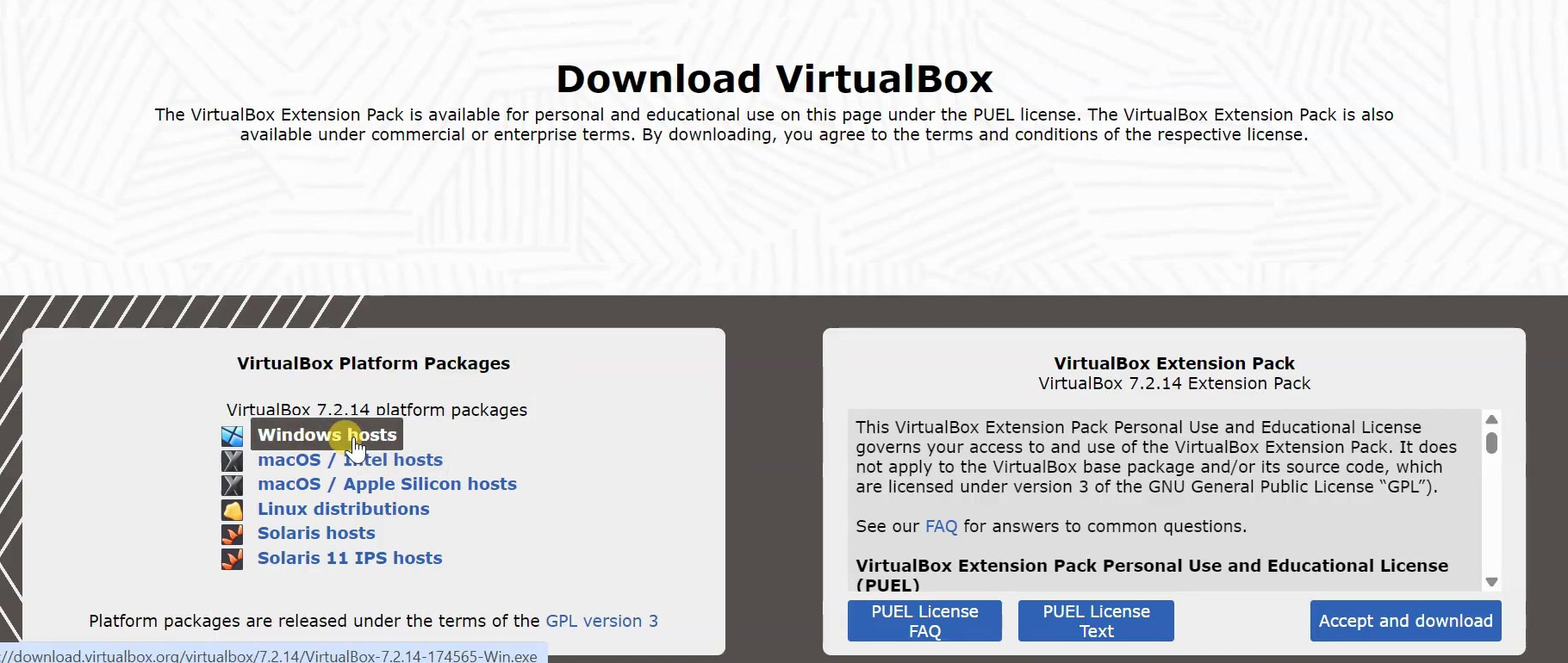 VirtualBox downloads page with the Windows hosts package selected
