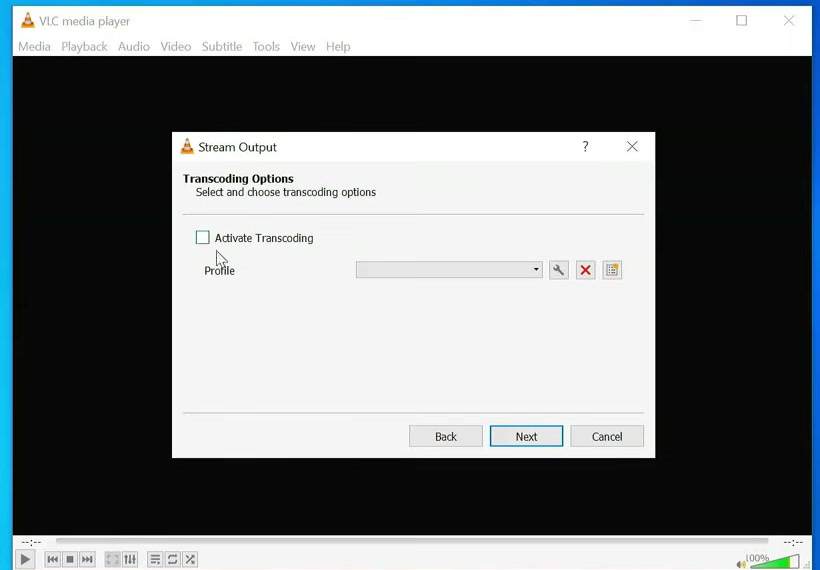 VLC transcoding options with Activate Transcoding cleared
