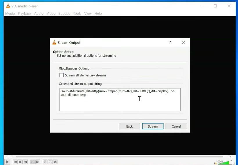 VLC Stream Output option setup with the generated HTTP destination string and Stream button