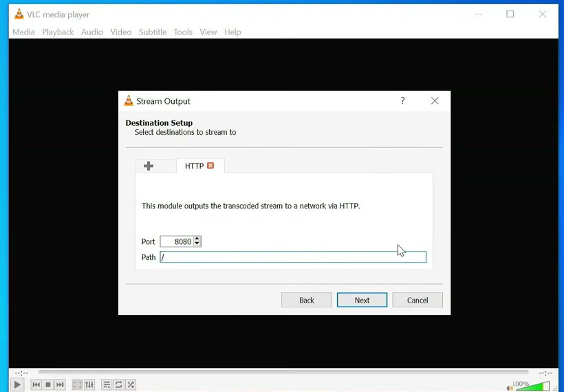 VLC HTTP destination settings showing port 8080 and the root path