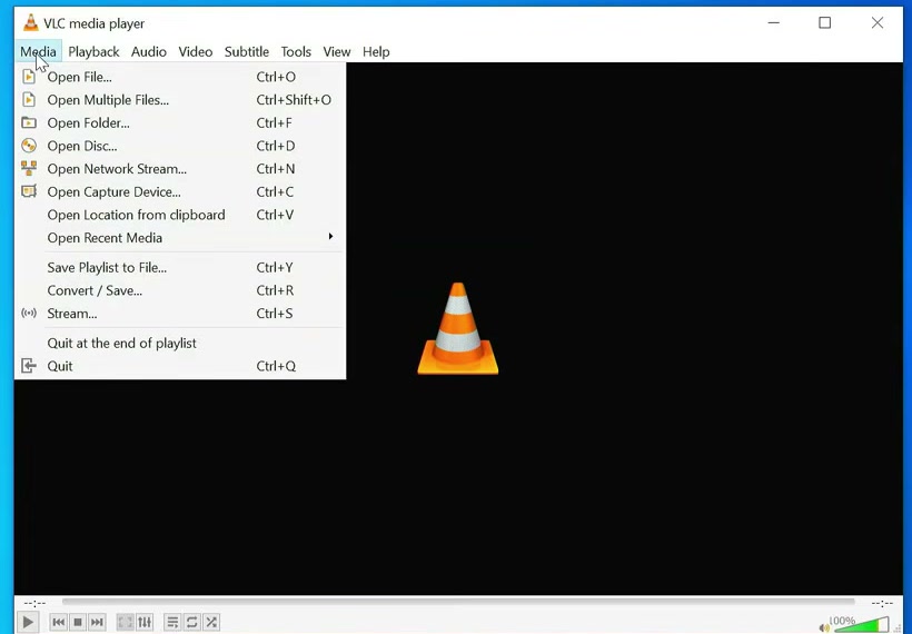VLC Media menu with the Stream command visible near the bottom