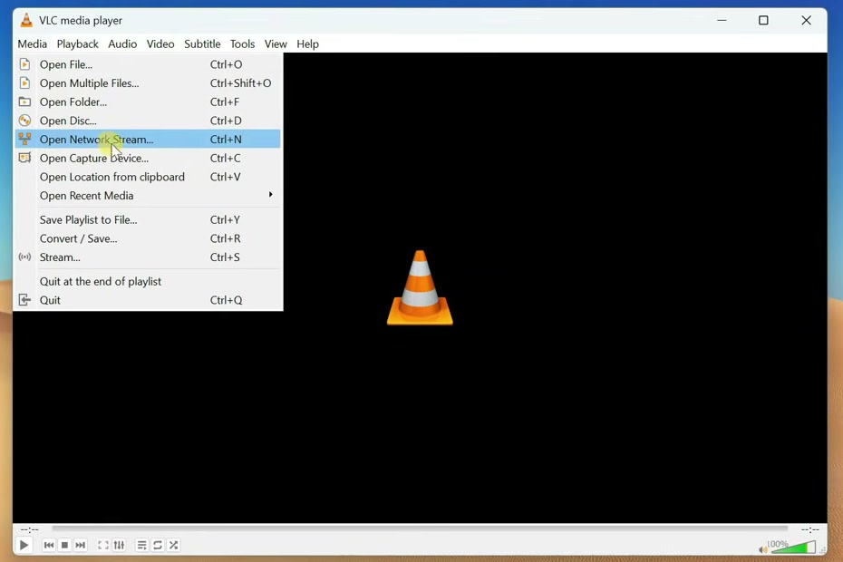 VLC Media menu on the receiving computer with Open Network Stream highlighted