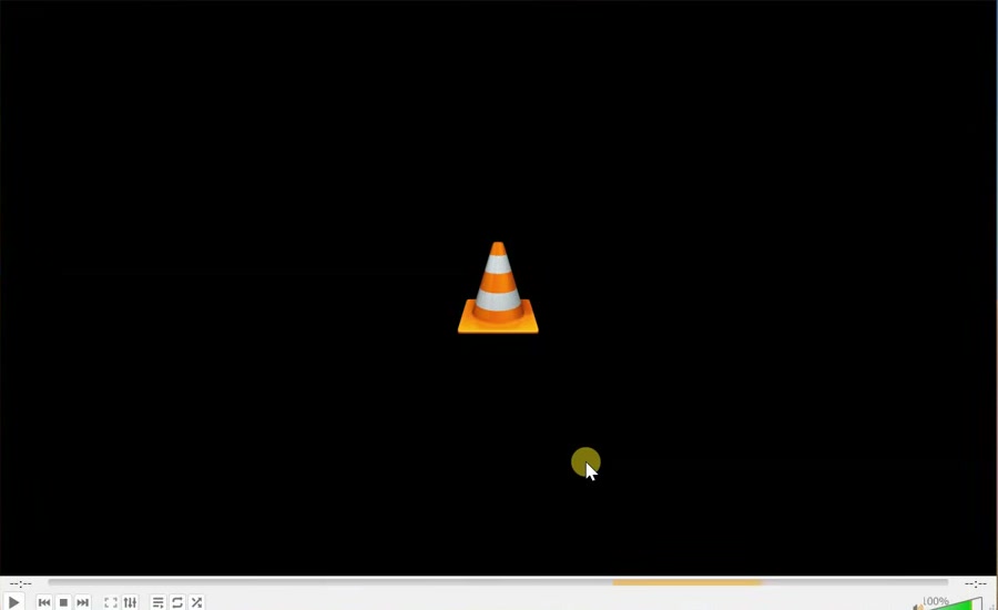 VLC playback area showing the cone and loading indicator while connecting to a network stream