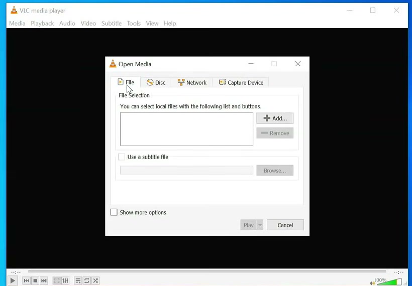 VLC Open Media dialog on the File tab with the Add button and an empty source list