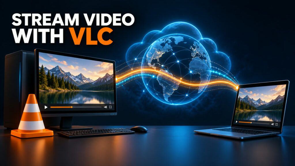 Two computers streaming video through a private internet connection beside the text Stream Video with VLC