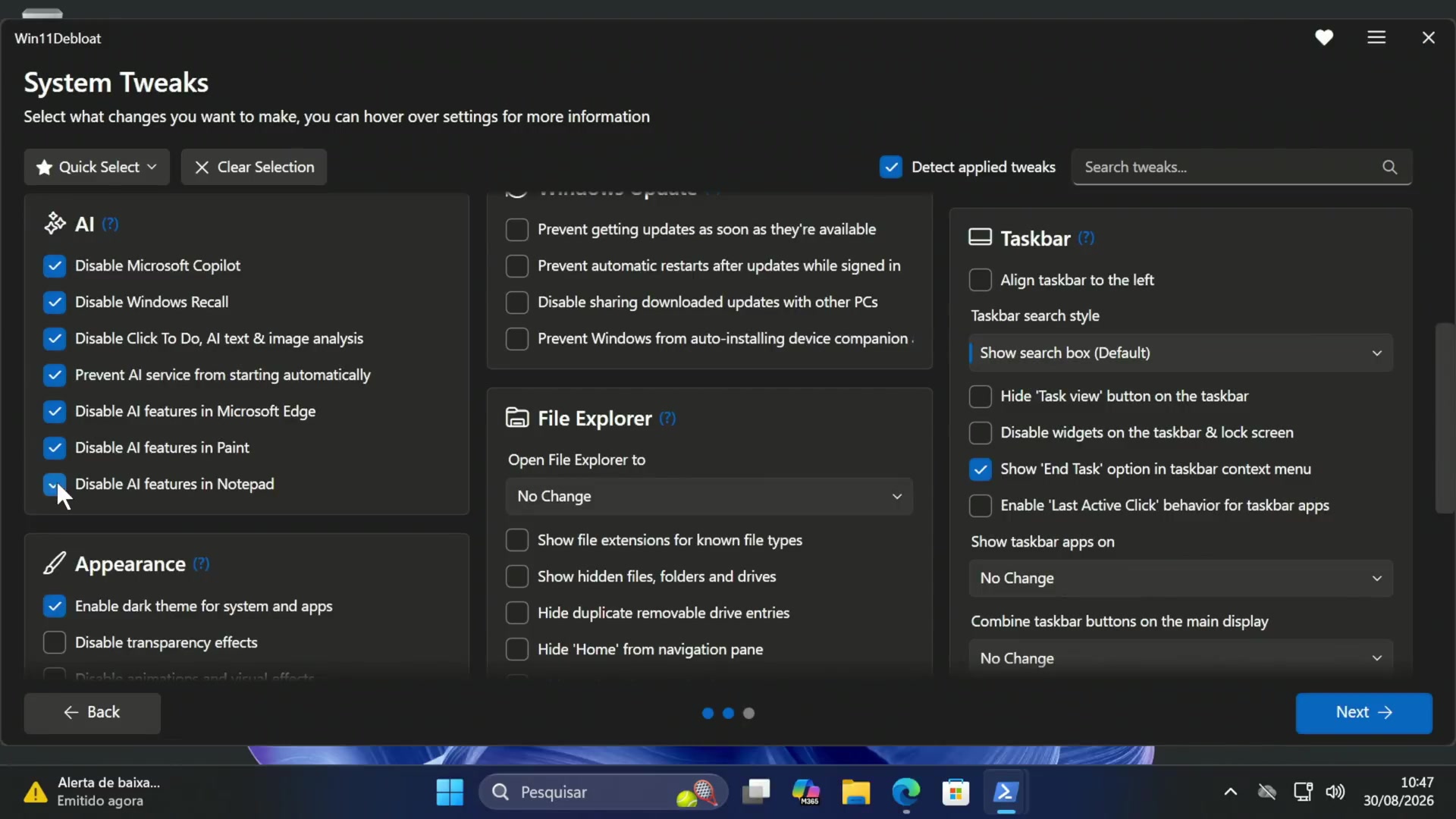 Win11Debloat System Tweaks screen showing AI, File Explorer, and taskbar options
