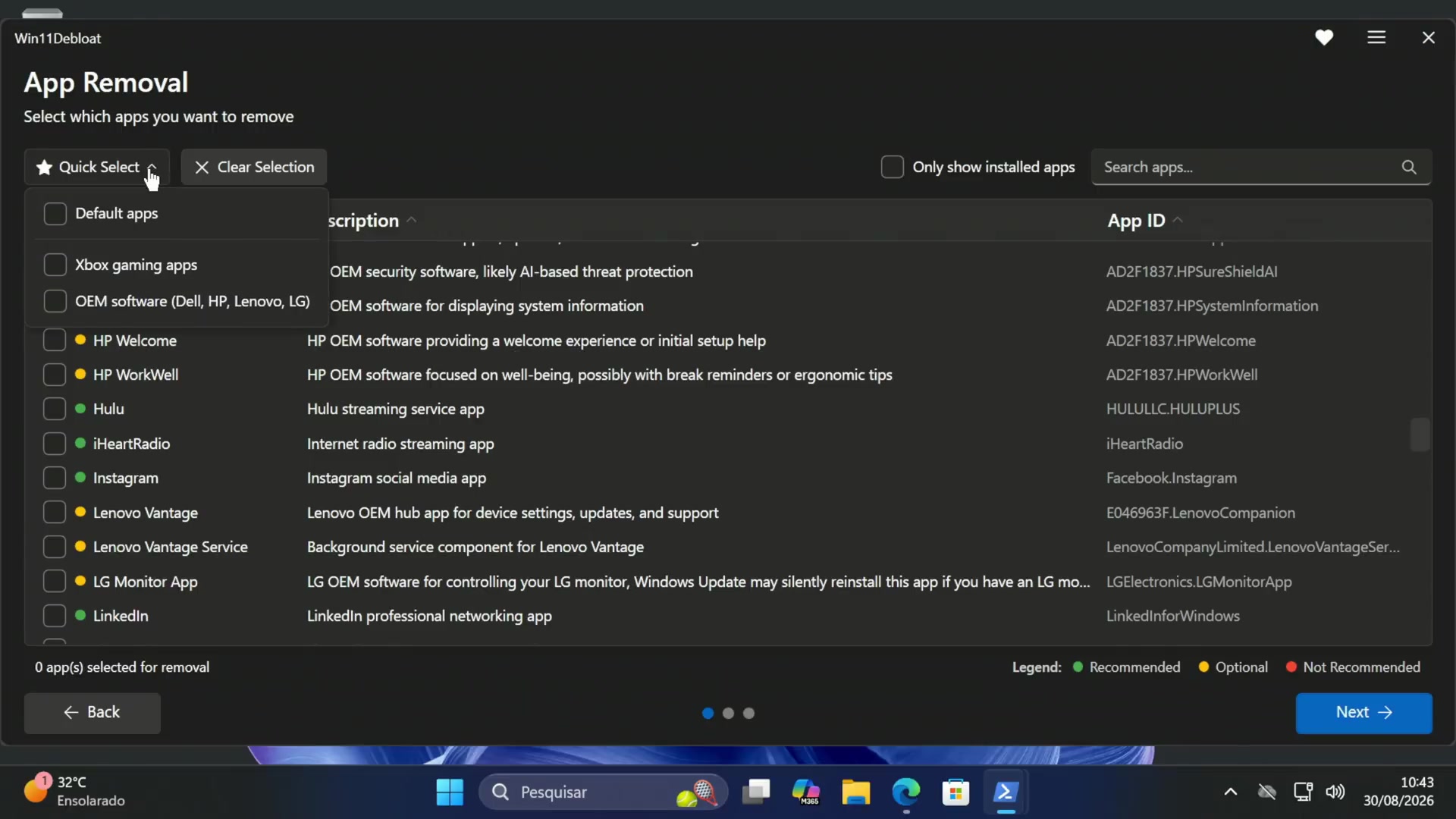 Win11Debloat App Removal screen showing Quick Select choices and the color-coded safety legend