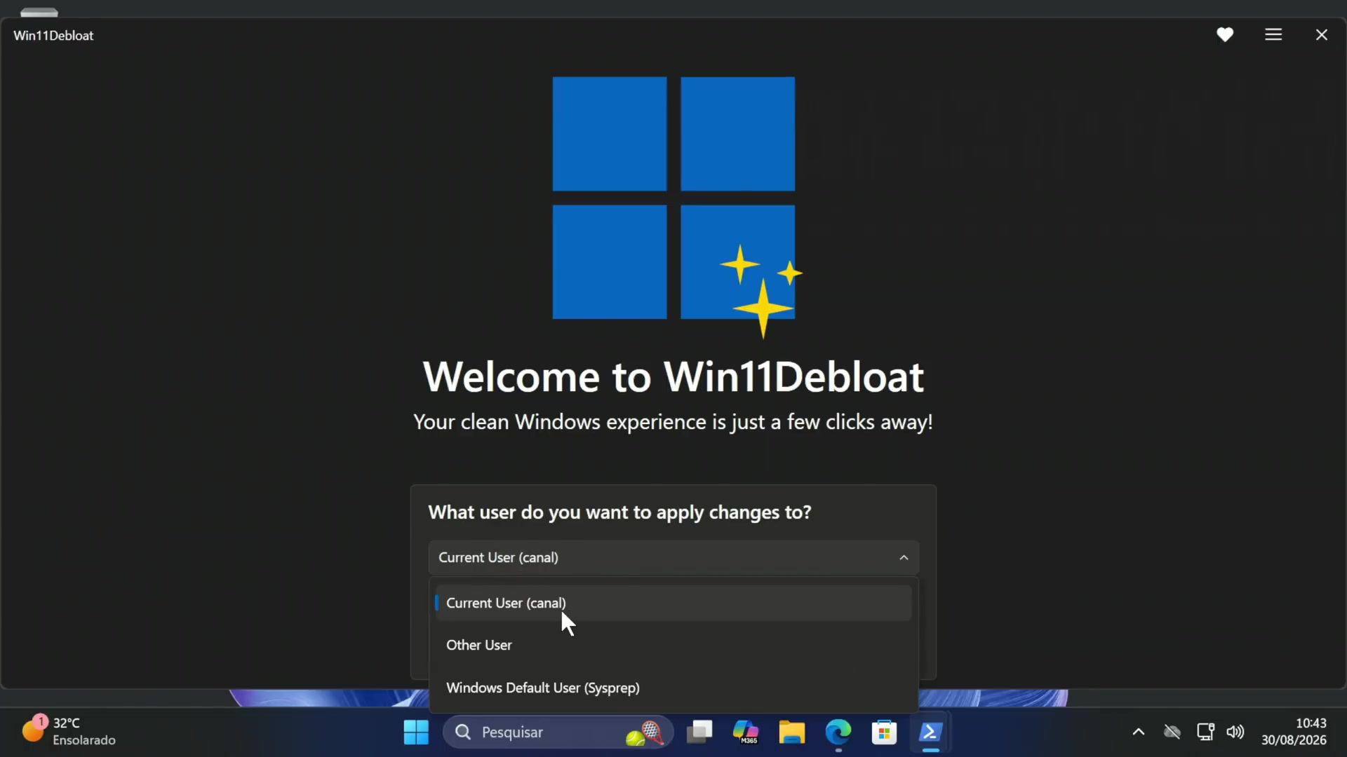 Win11Debloat welcome screen for selecting the current user and Custom Setup