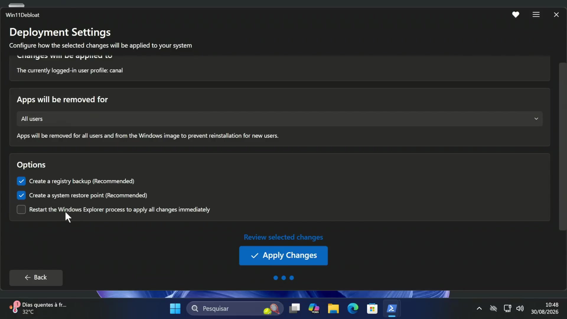Win11Debloat Deployment Settings with registry backup and system restore point enabled