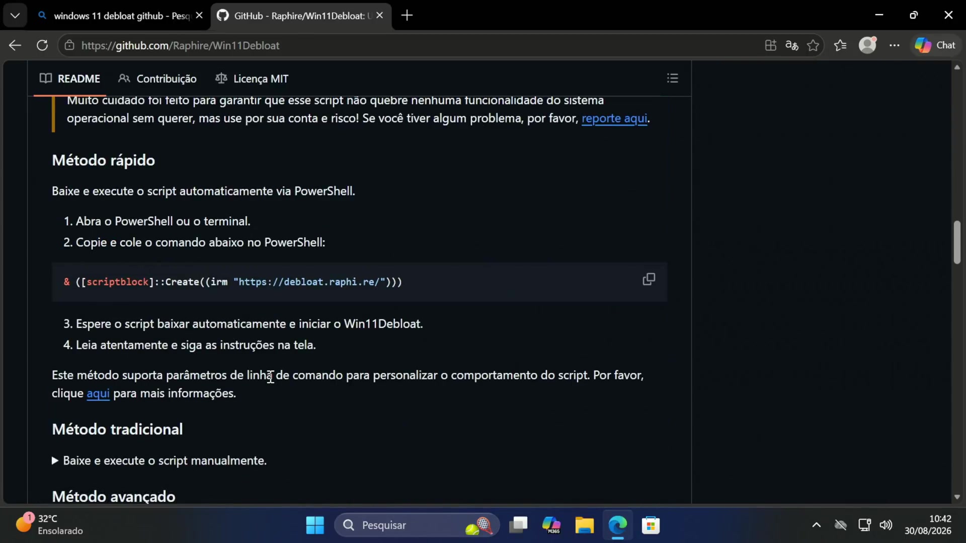 Official Win11Debloat GitHub page showing the PowerShell quick-start command