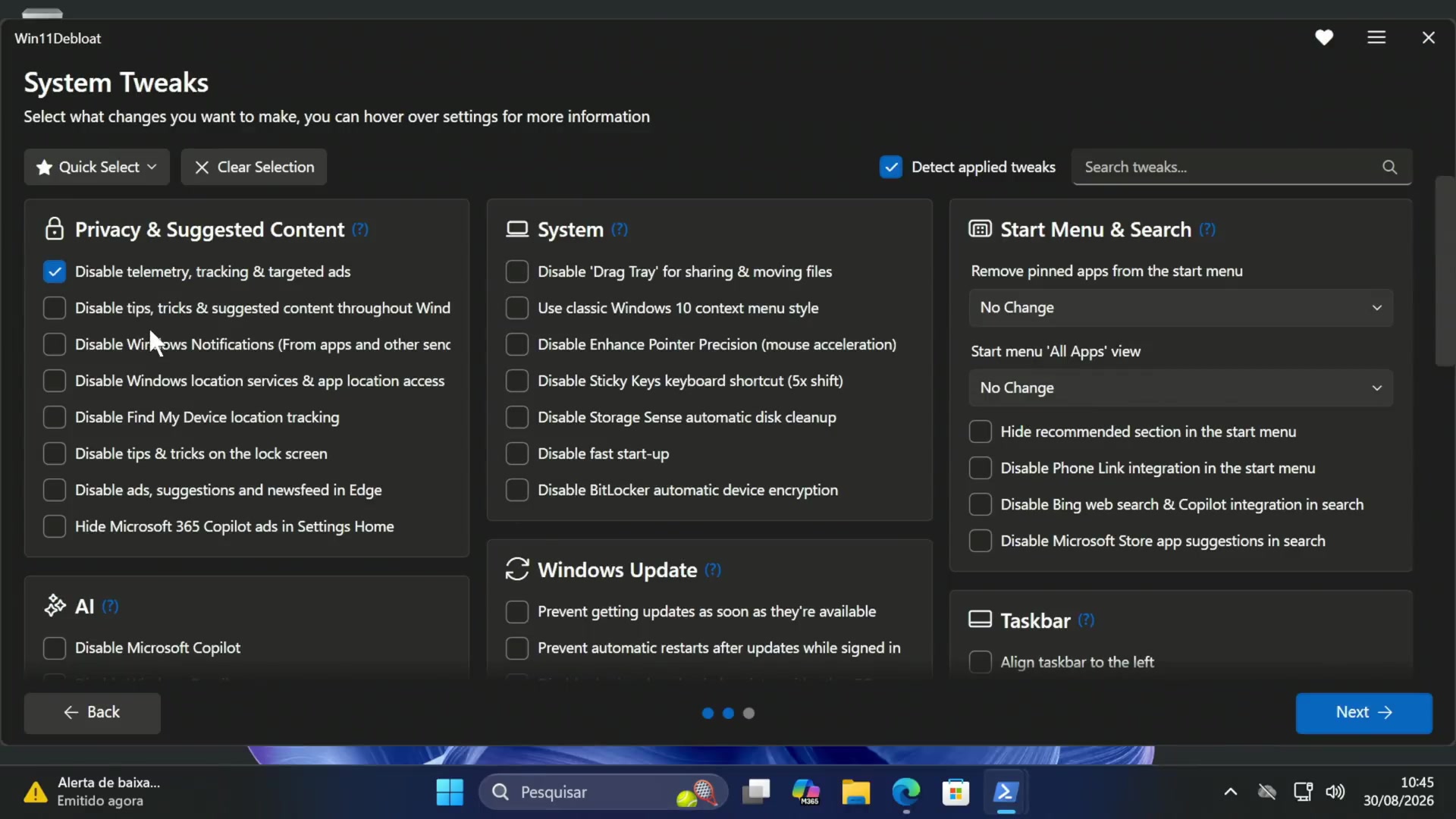 Win11Debloat System Tweaks screen showing privacy, system, and Start menu options