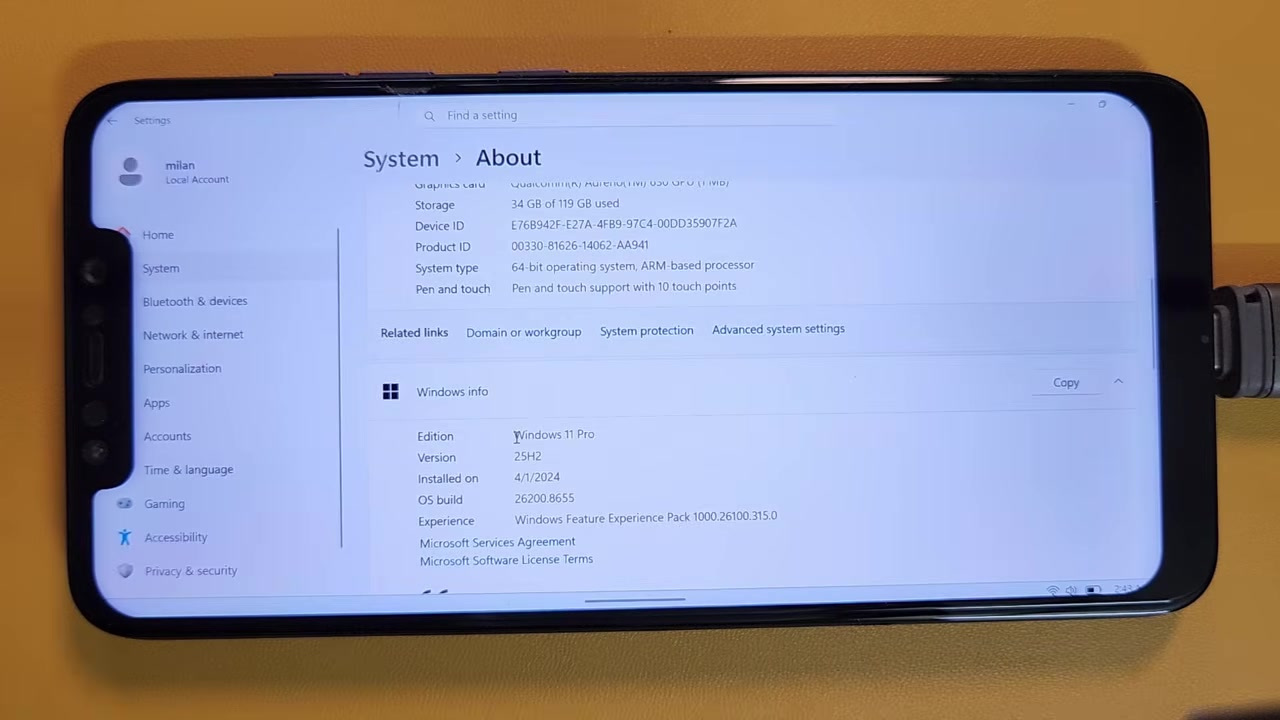 Windows 11 System About page running on a POCO F1 Android phone