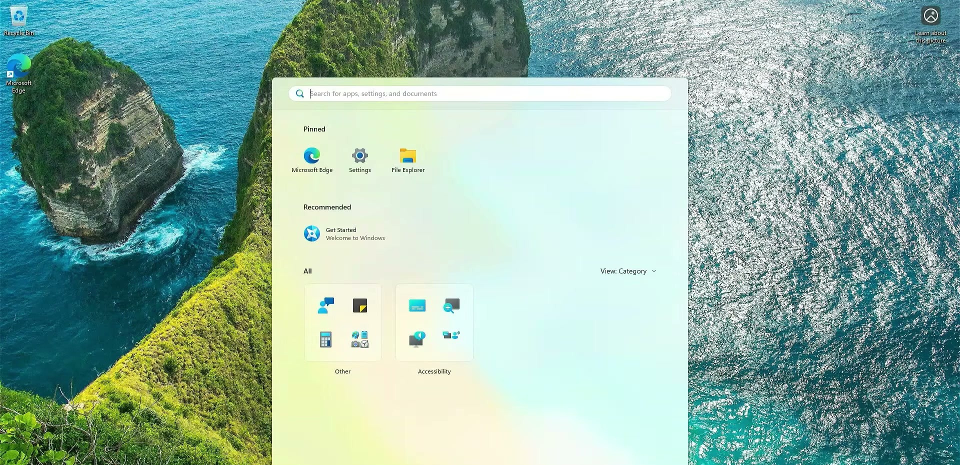 Fresh Windows 11 desktop with the Start menu open after installation over the network