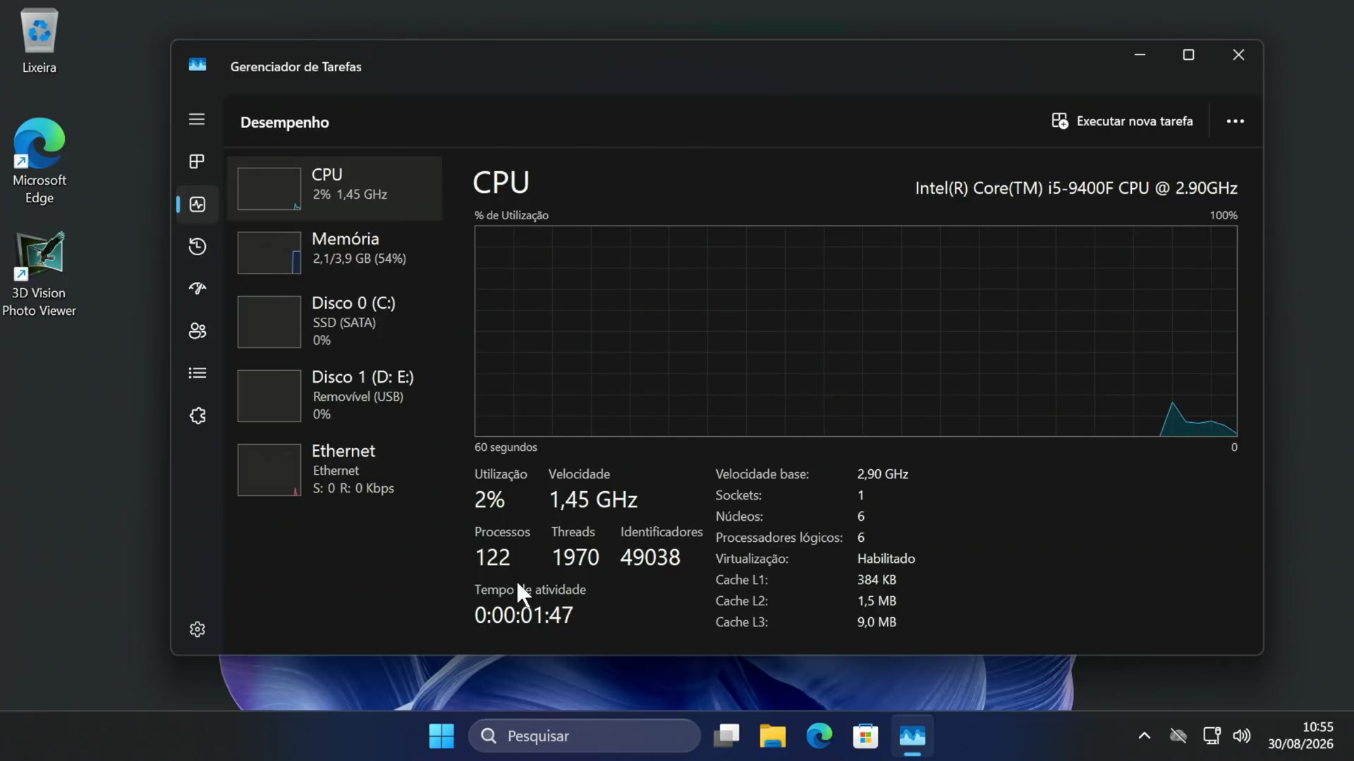 Windows 11 Task Manager after Win11Debloat showing 122 processes and 2.1 GB of RAM in use