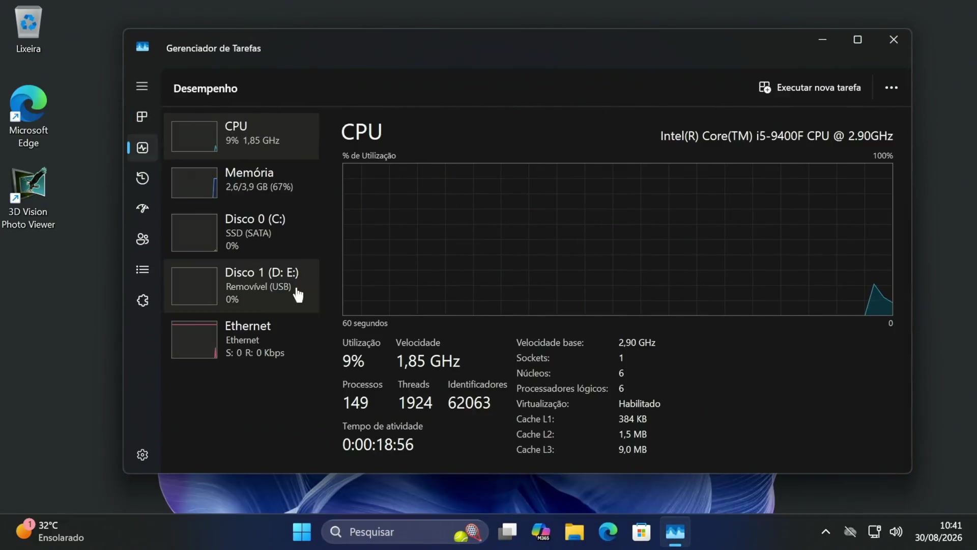 Windows 11 Task Manager before using Win11Debloat showing 149 processes and 2.6 GB of RAM in use
