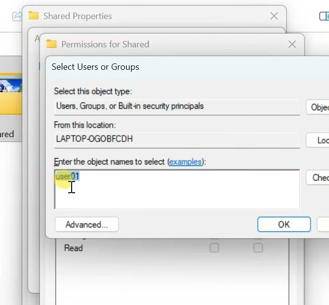 Windows Select Users or Groups dialog used to add a dedicated share account