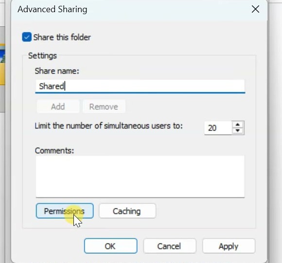 Advanced Sharing dialog with Share this folder enabled and a Permissions button