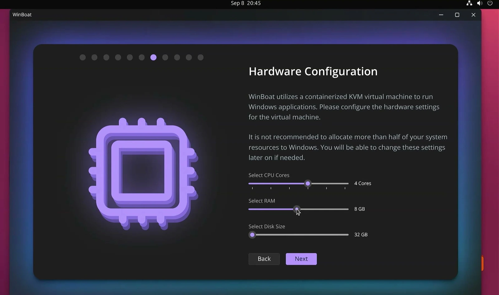 WinBoat Hardware Configuration screen with CPU, RAM, and disk-size sliders