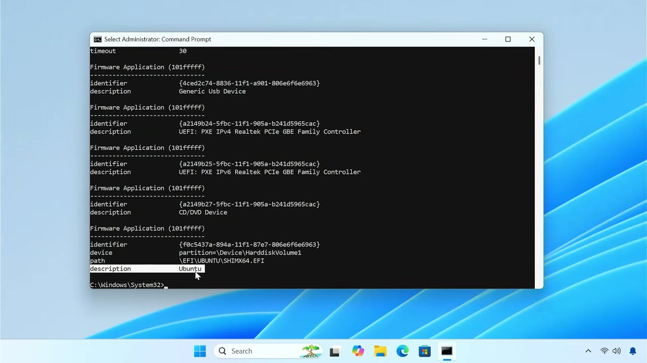 Administrator Command Prompt listing Ubuntu with bcdedit enum firmware