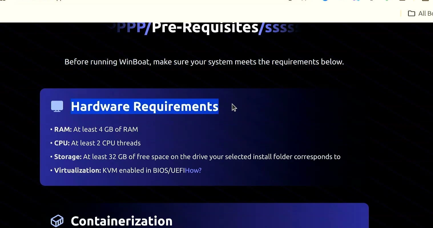 WinBoat hardware requirements list with 4 GB RAM, two CPU threads, 32 GB storage, and KVM virtualization
