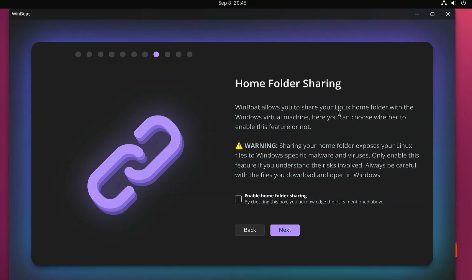 WinBoat Home Folder Sharing screen with an enable checkbox and security warning