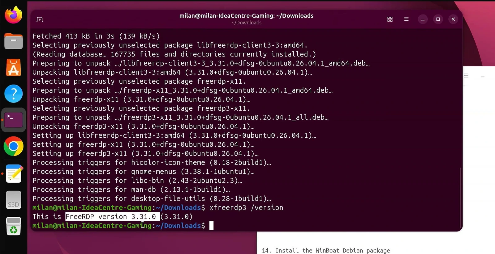 Ubuntu Terminal shows xfreerdp3 version output for FreeRDP 3.31.0