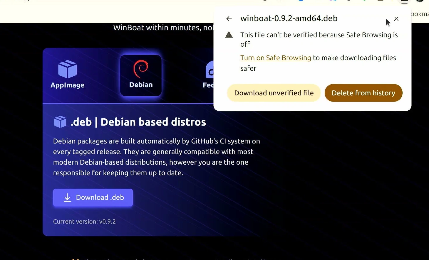 WinBoat download page with the Debian package and Download .deb button