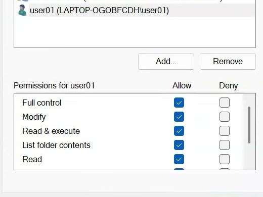 Windows Security permissions dialog for the dedicated file-sharing account