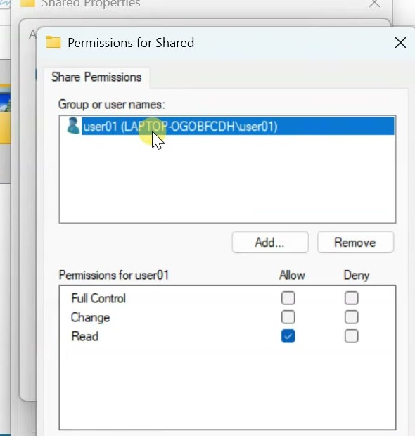 Windows folder share permissions showing a dedicated user with Read access