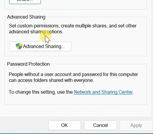Sharing tab in Windows folder properties with the Advanced Sharing button