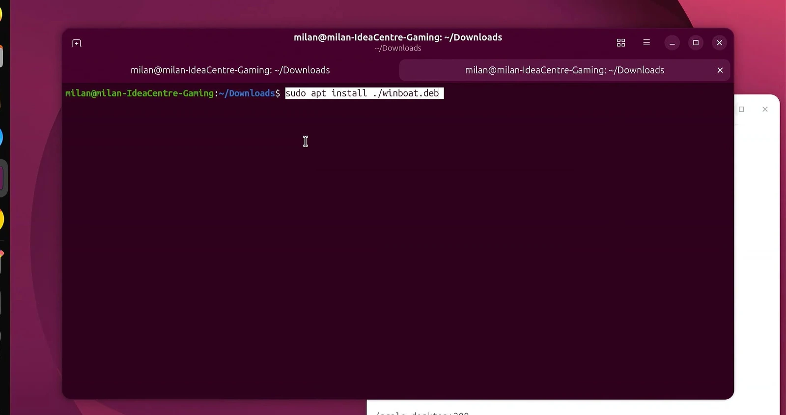Ubuntu Terminal with the command sudo apt install ./winboat.deb